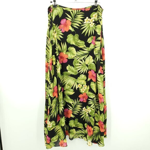 Lauren Ralph Lauren 100% Silk Tropical Floral Print Chiffon Maxi Skirt 10 Black - Picture 1 of 16